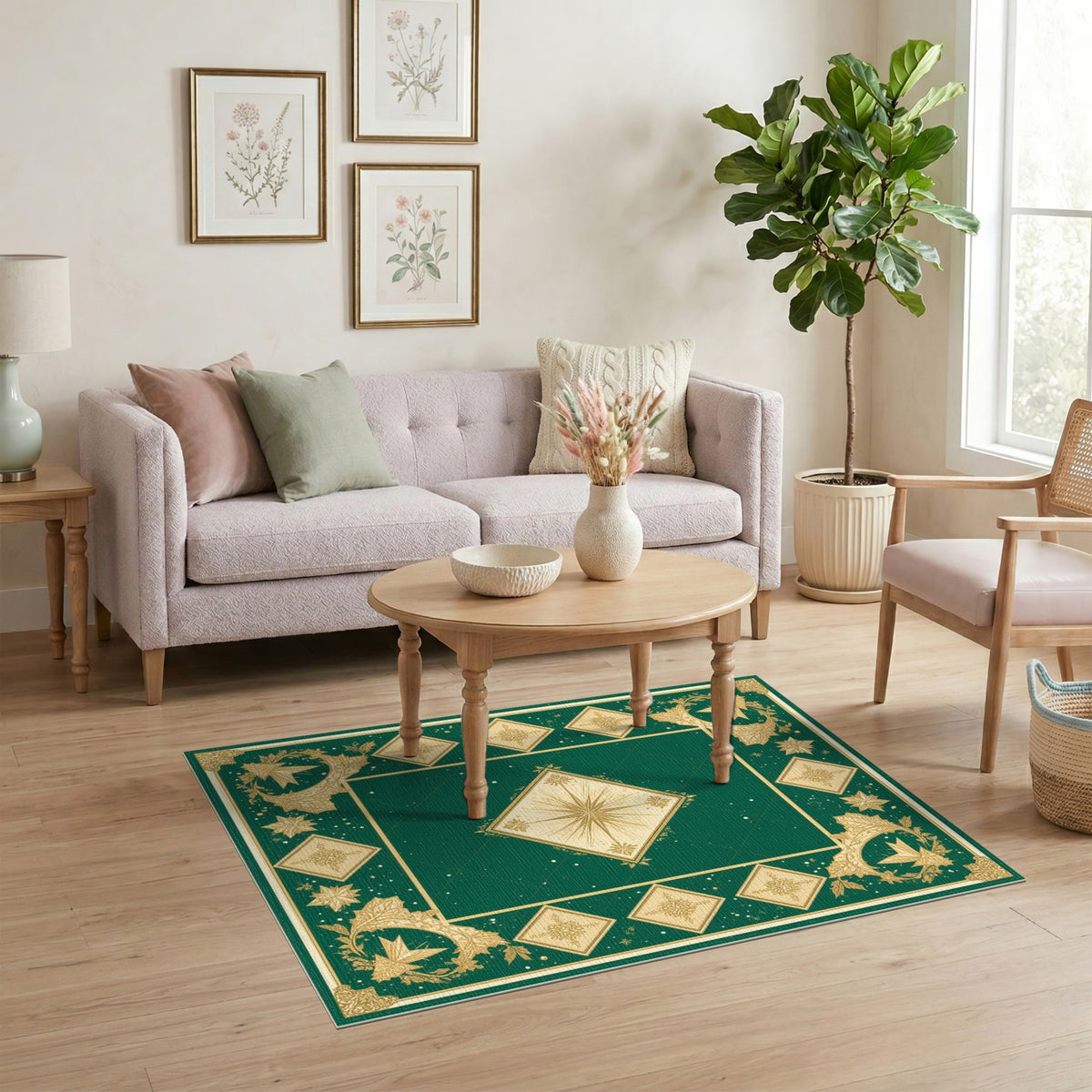 Green Gold Snowflake Starburst Area Rug