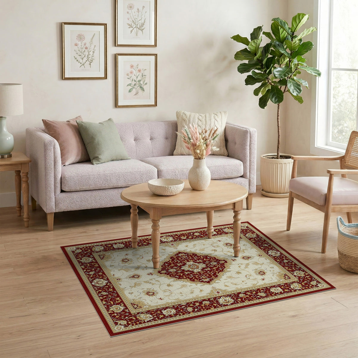 Red Persian Floral Area Rug with Ivory Center
