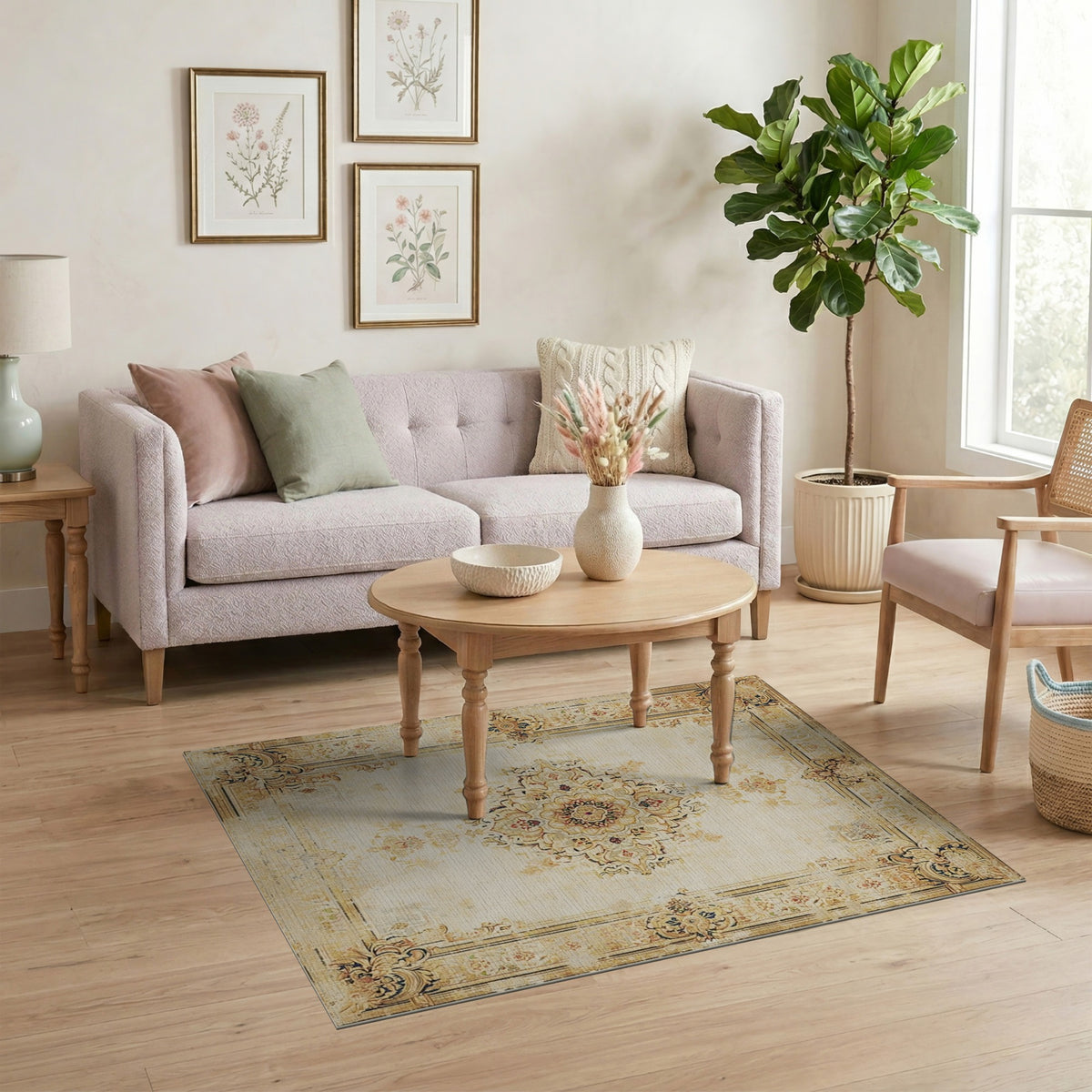 Beige and Neutral Distressed Beige Persian Medallion Area Rug