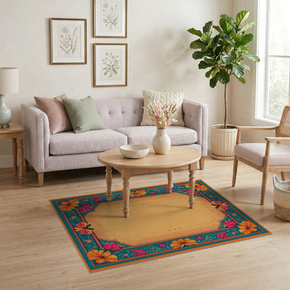 Vibrant Floral Butterfly Teal Border Area Rug