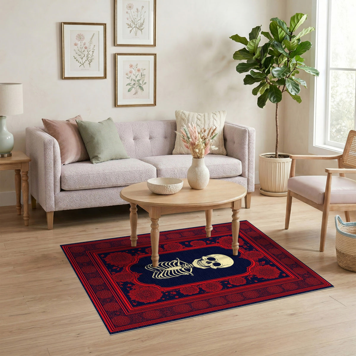Red Floral Skeleton Area Rug