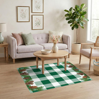 Green Gingham Pinecone Rustic Area Rug