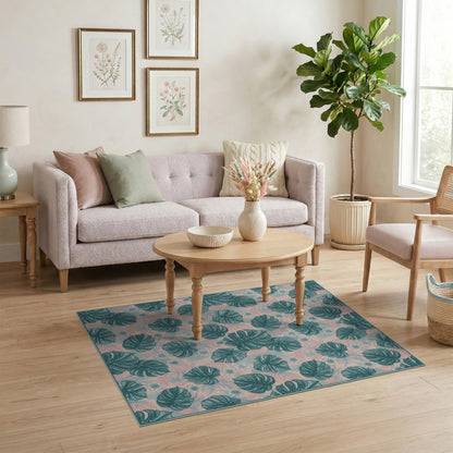 Pink Teal Monstera Washable Area Rug