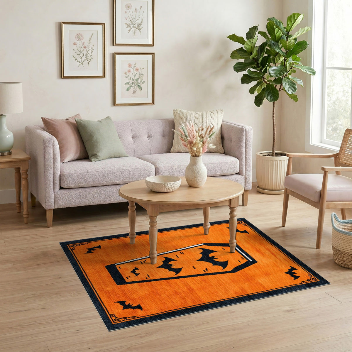 Halloween Orange Coffin Bat Area Rug