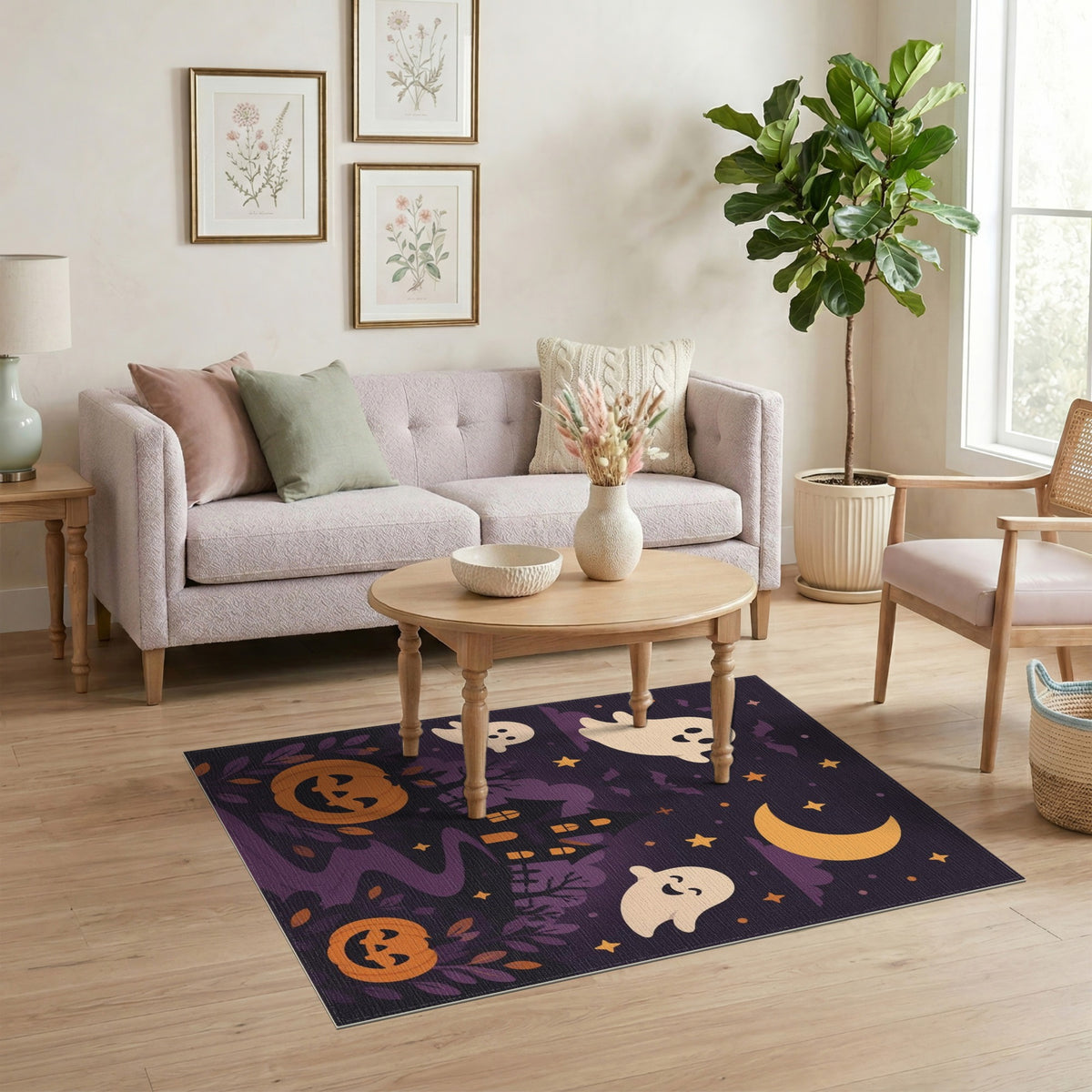 Cute Halloween Ghosts Pumpkins Purple Area Rug