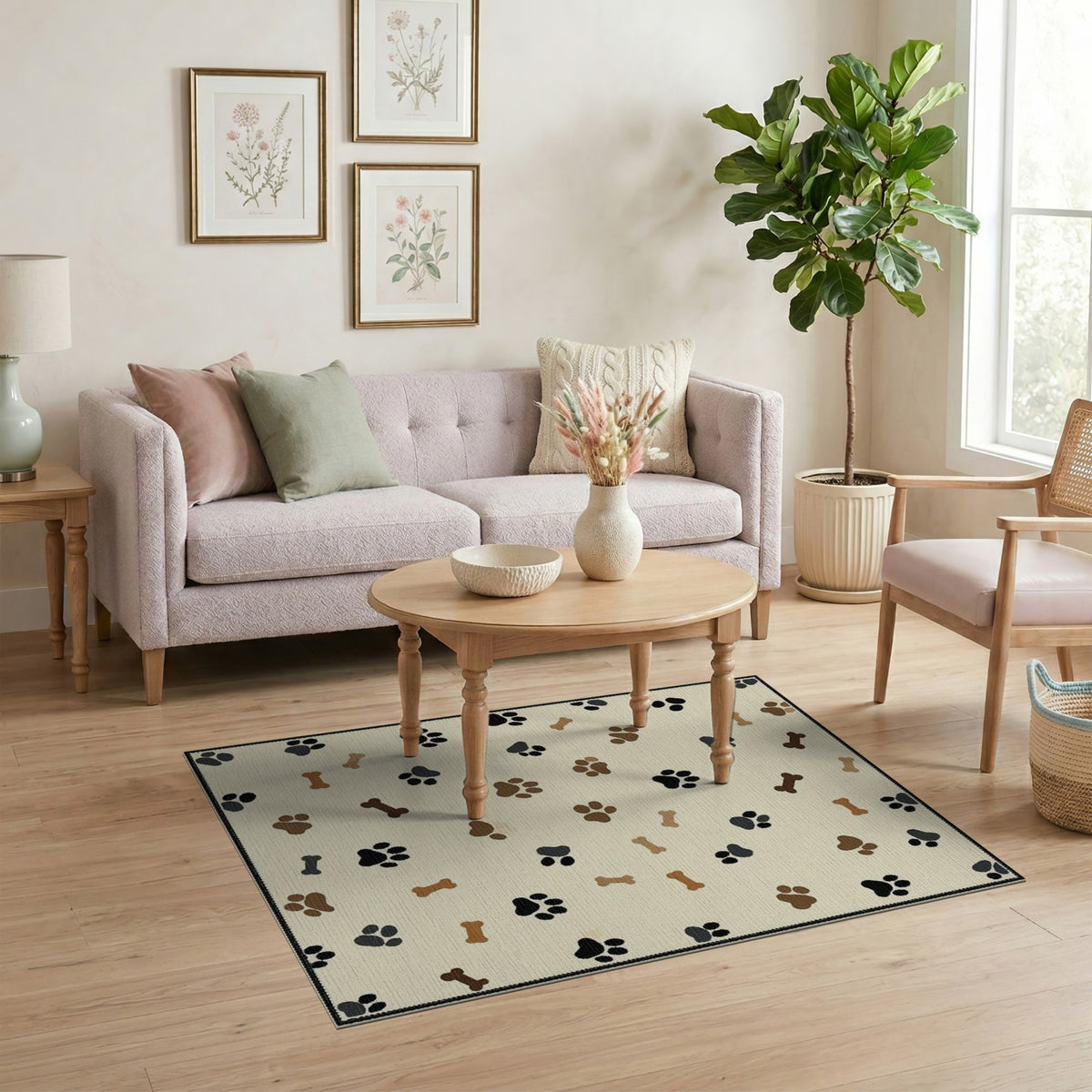 Paw Print and Bone Beige Area Rug