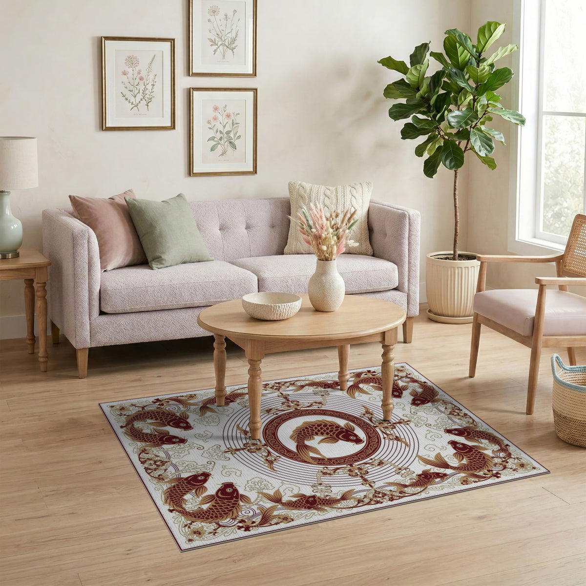 Koi Fish Medallion Brown Area Rug