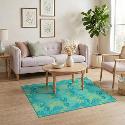 Blue Teal Fish Coral Coastal Beach Area Rug