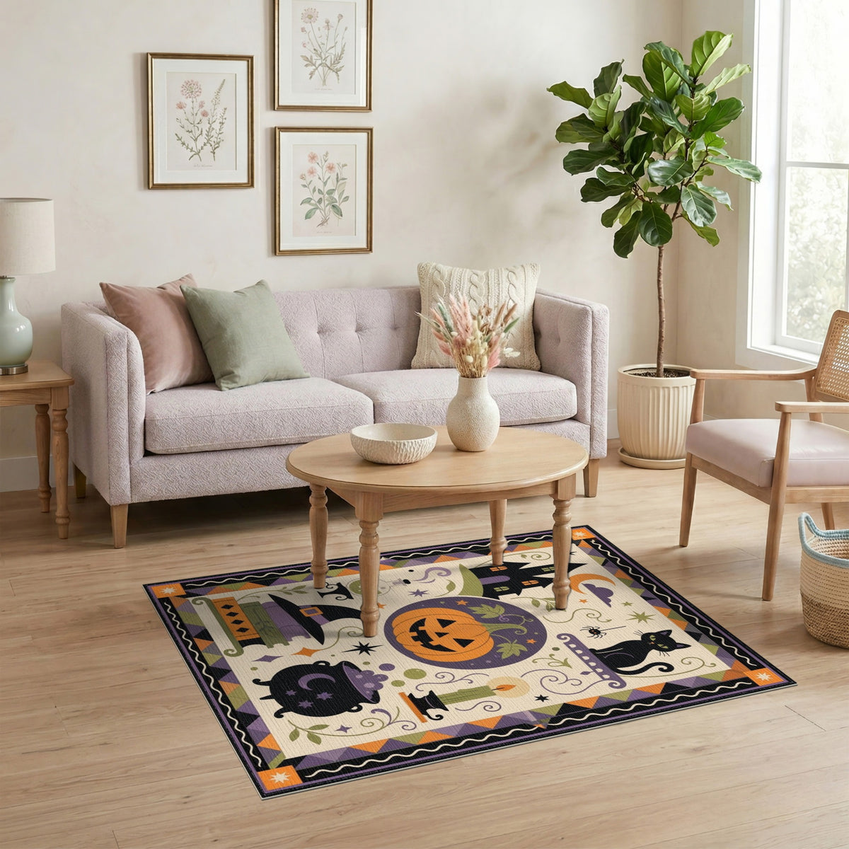 Halloween Multi-color and Patterns Halloween Black Cat Pumpkin Area Rug