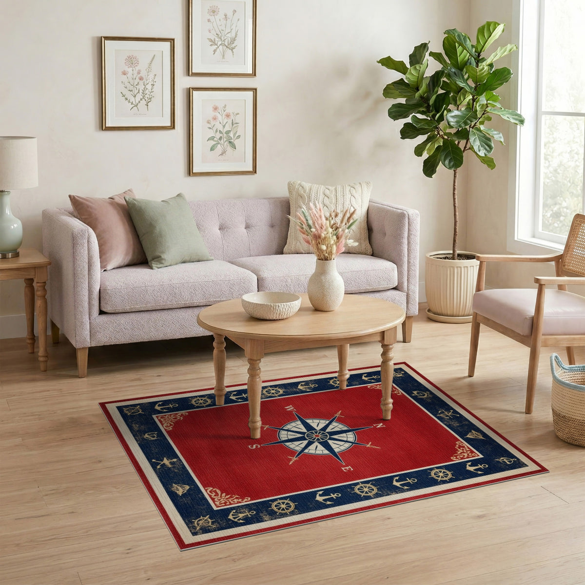 Red Nautical Compass Area Rug with Anchors