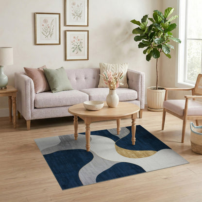 Navy Gold Abstract Wave Area Rug