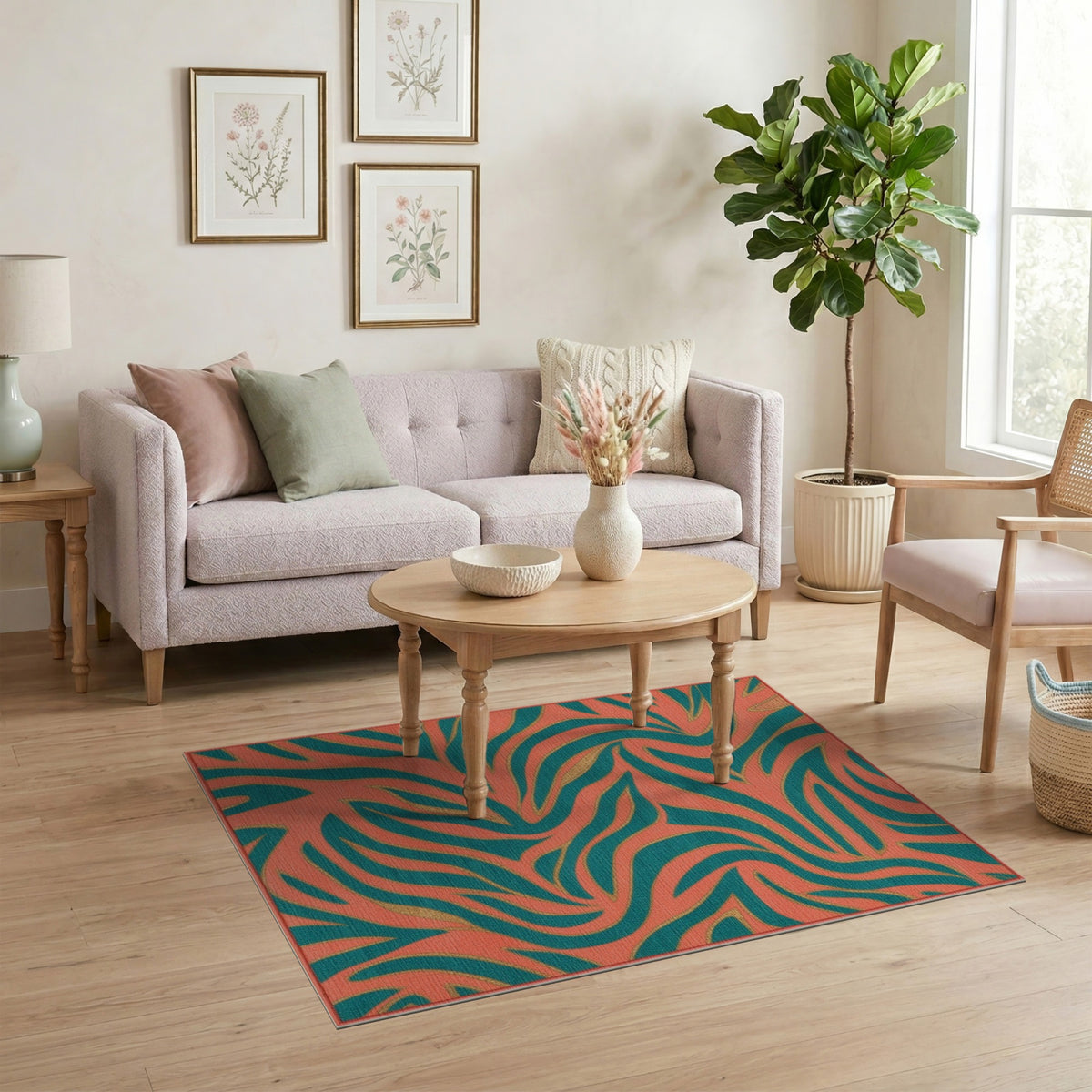 Multi-color and Patterns Coral Teal Abstract Swirl Area Rug