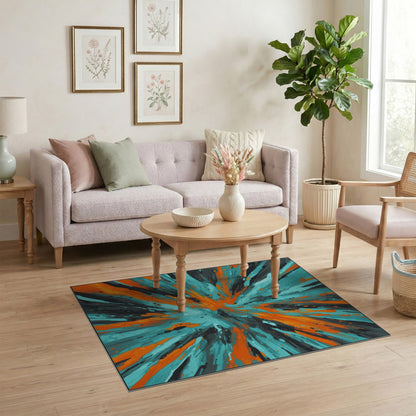 Teal Orange Abstract Burst Area Rug