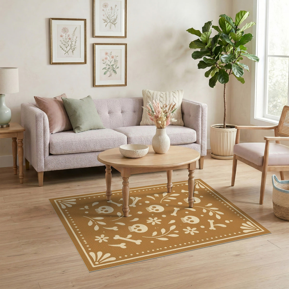 Brown Skull Floral Washable Area Rug