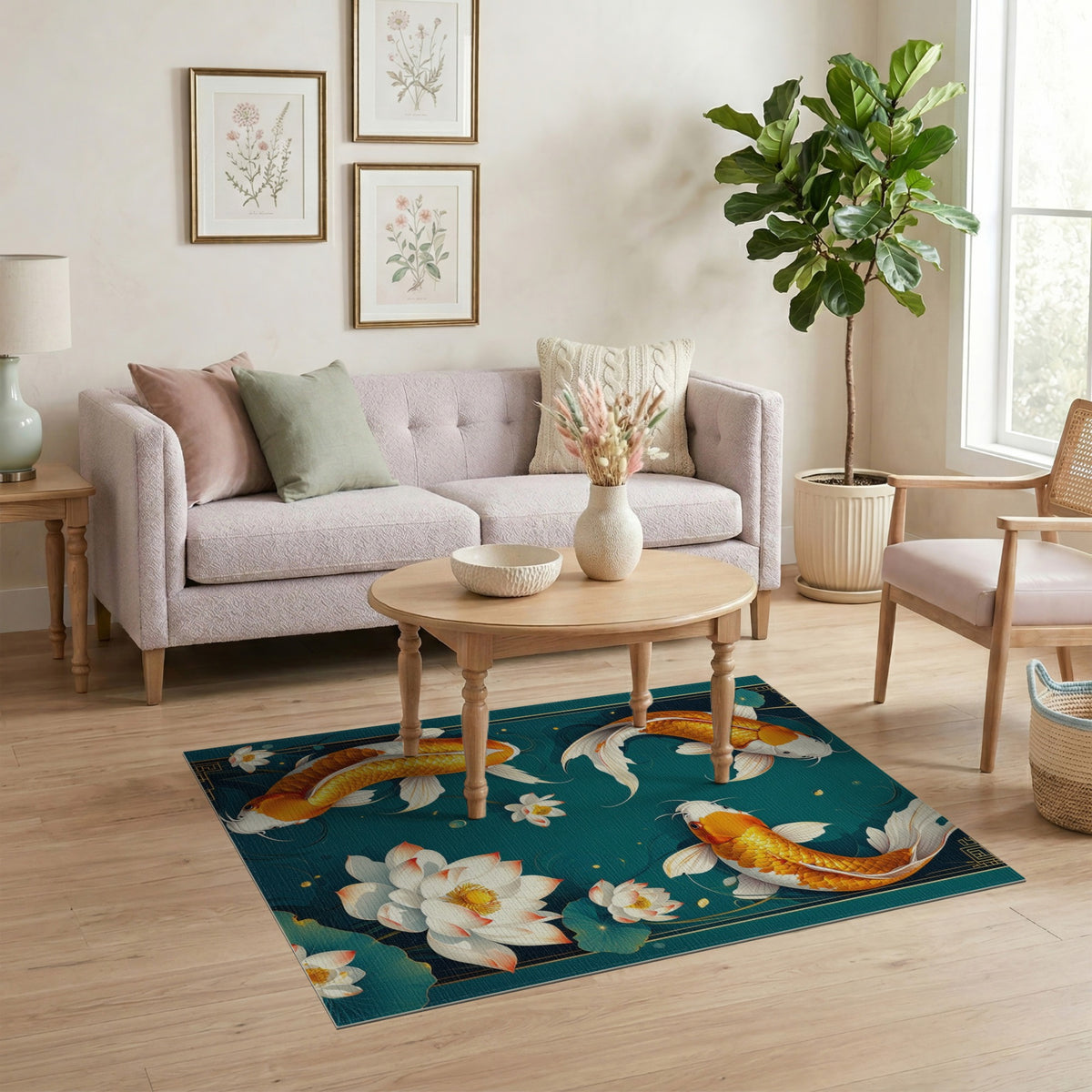 Floral Vintage Teal Koi Lotus Washable Area Rug