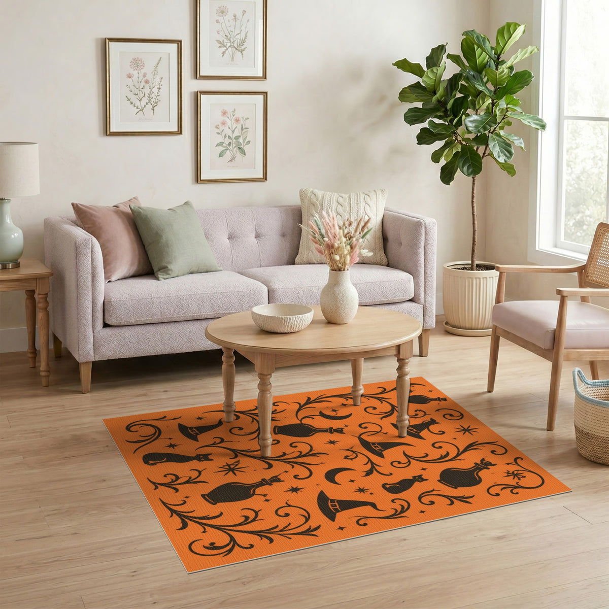 Halloween Black Cat Witch Hat Orange Area Rug