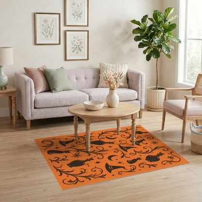 Halloween Black Cat Witch Hat Orange Area Rug
