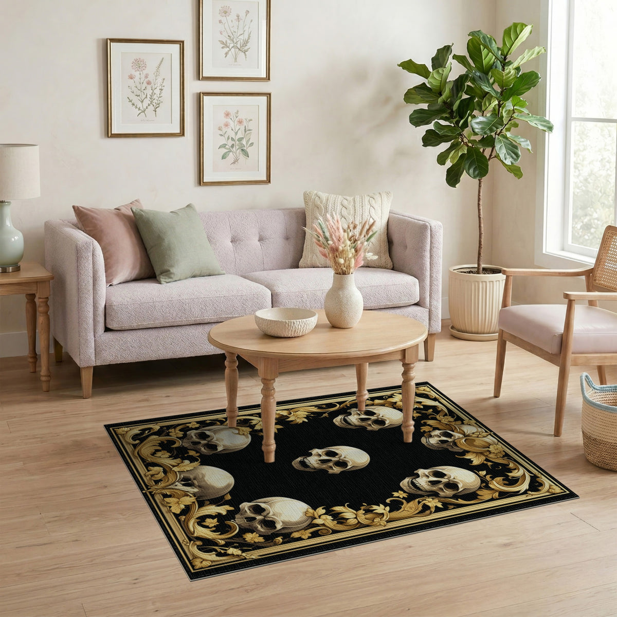 Ornate Gold Skull Floral Area Rug