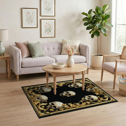 Ornate Gold Skull Floral Area Rug