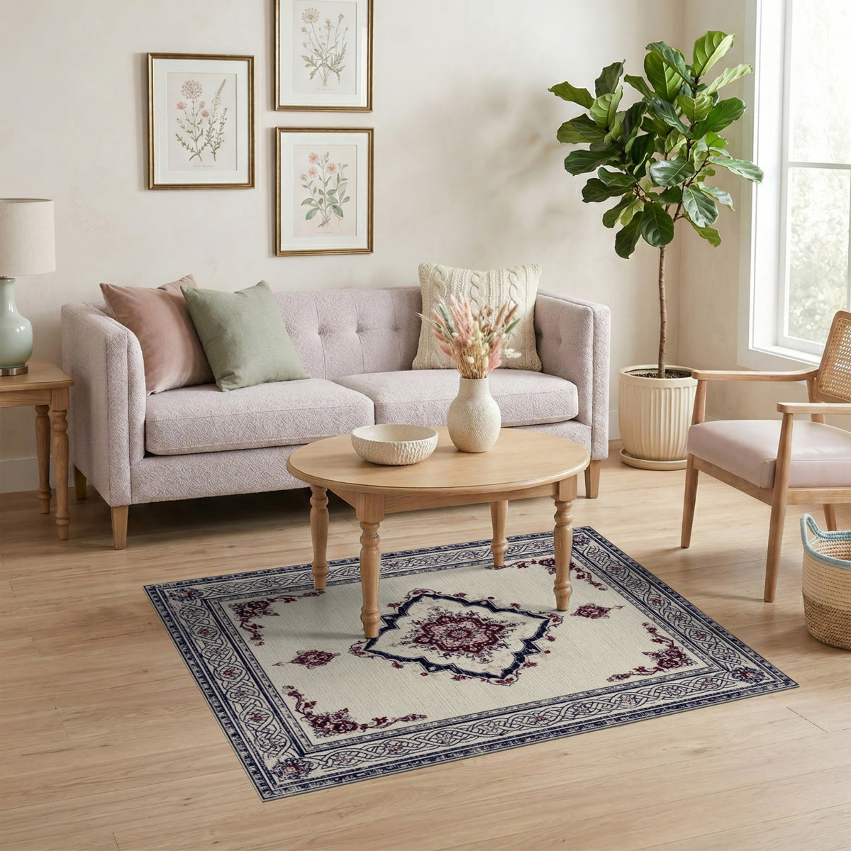 Beige Navy Persian Medallion Area Rug