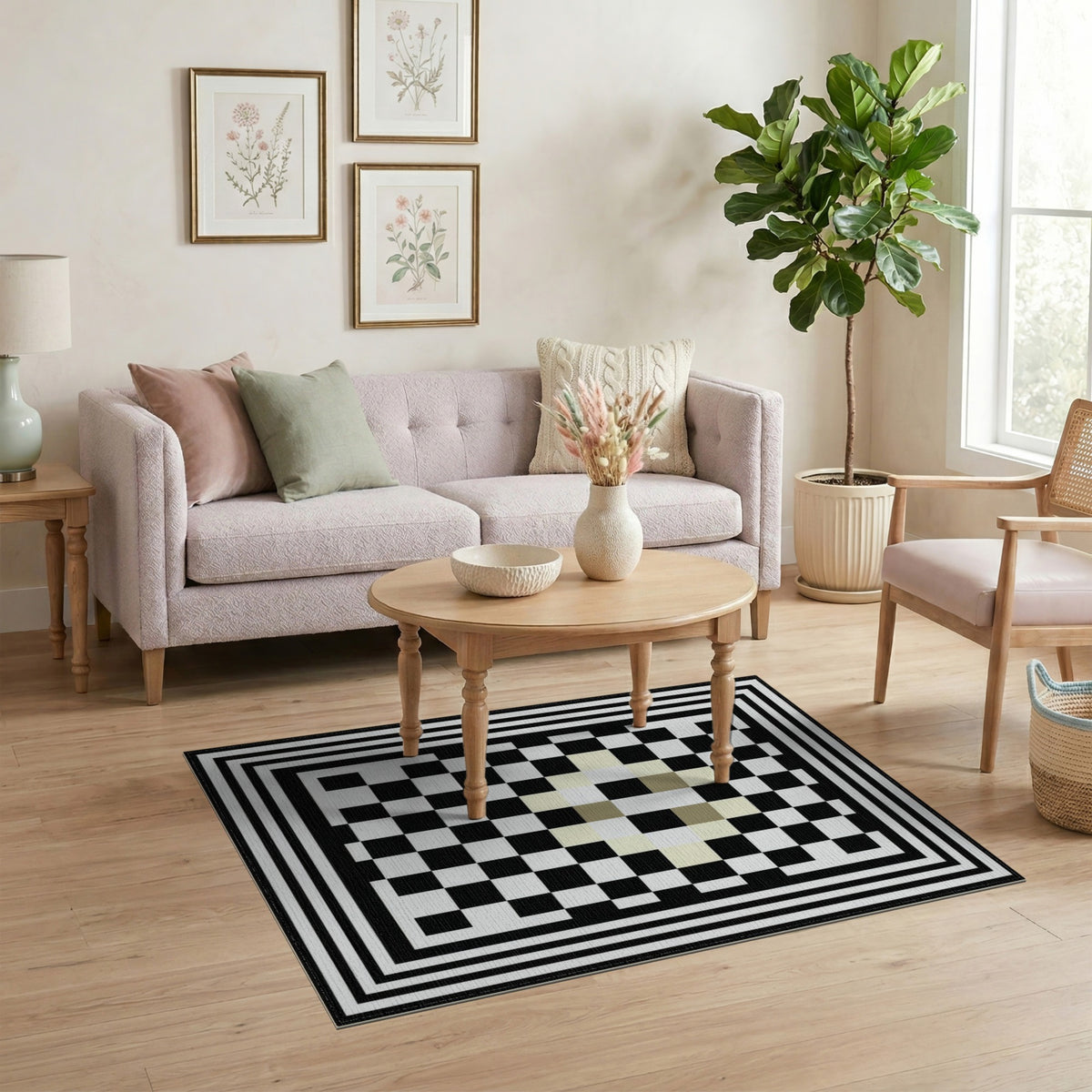 Black White Geometric Checkered Black and White Area Rug