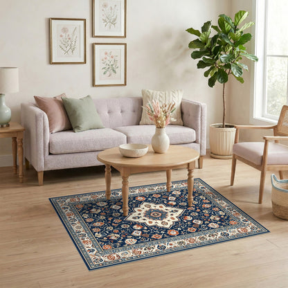 Navy Blue and Teal Navy Blue Persian Floral Medallion Area Rug
