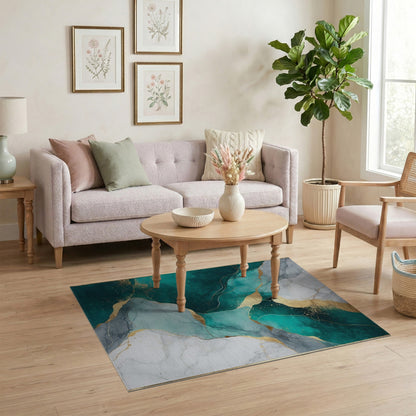 Abstract Area Teal Gold Marble Abstract Area Rug