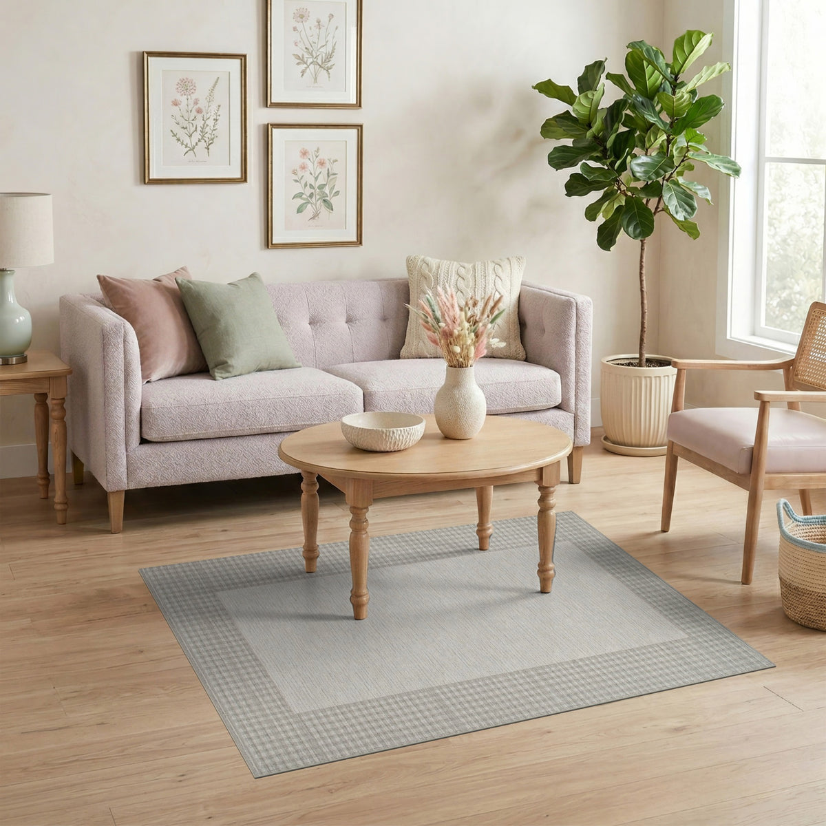 Beige Gingham Border Area Rug