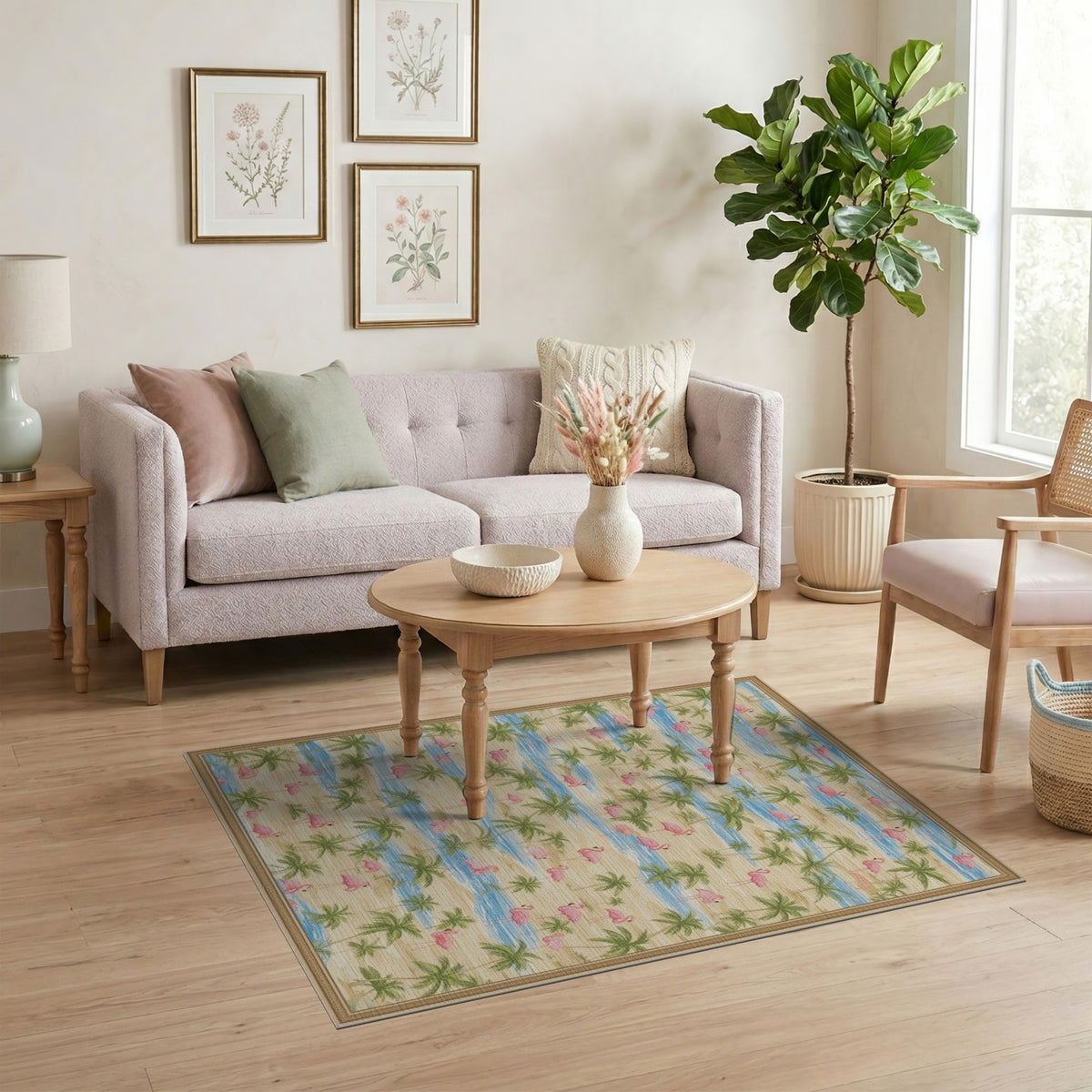 Pink Flamingo Coastal Beach Area Rug