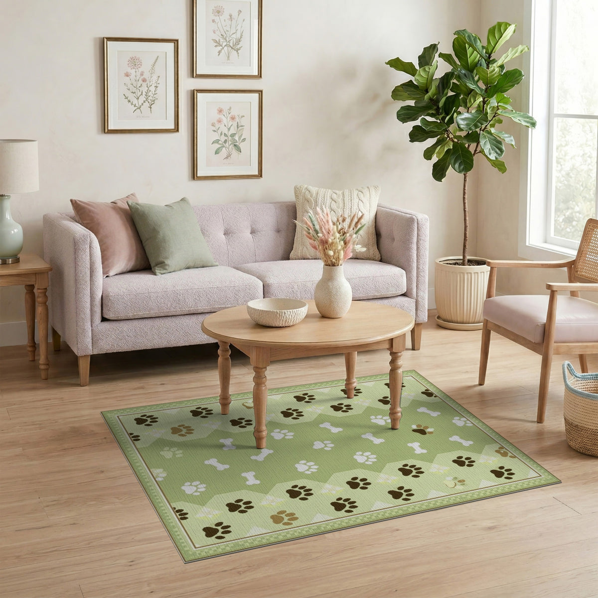 Green Paw Print Bone Kids Area Rug