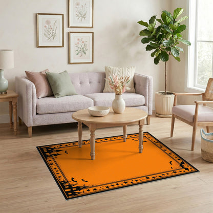 Orange Halloween Area Rug with Bats and Haunted Houses