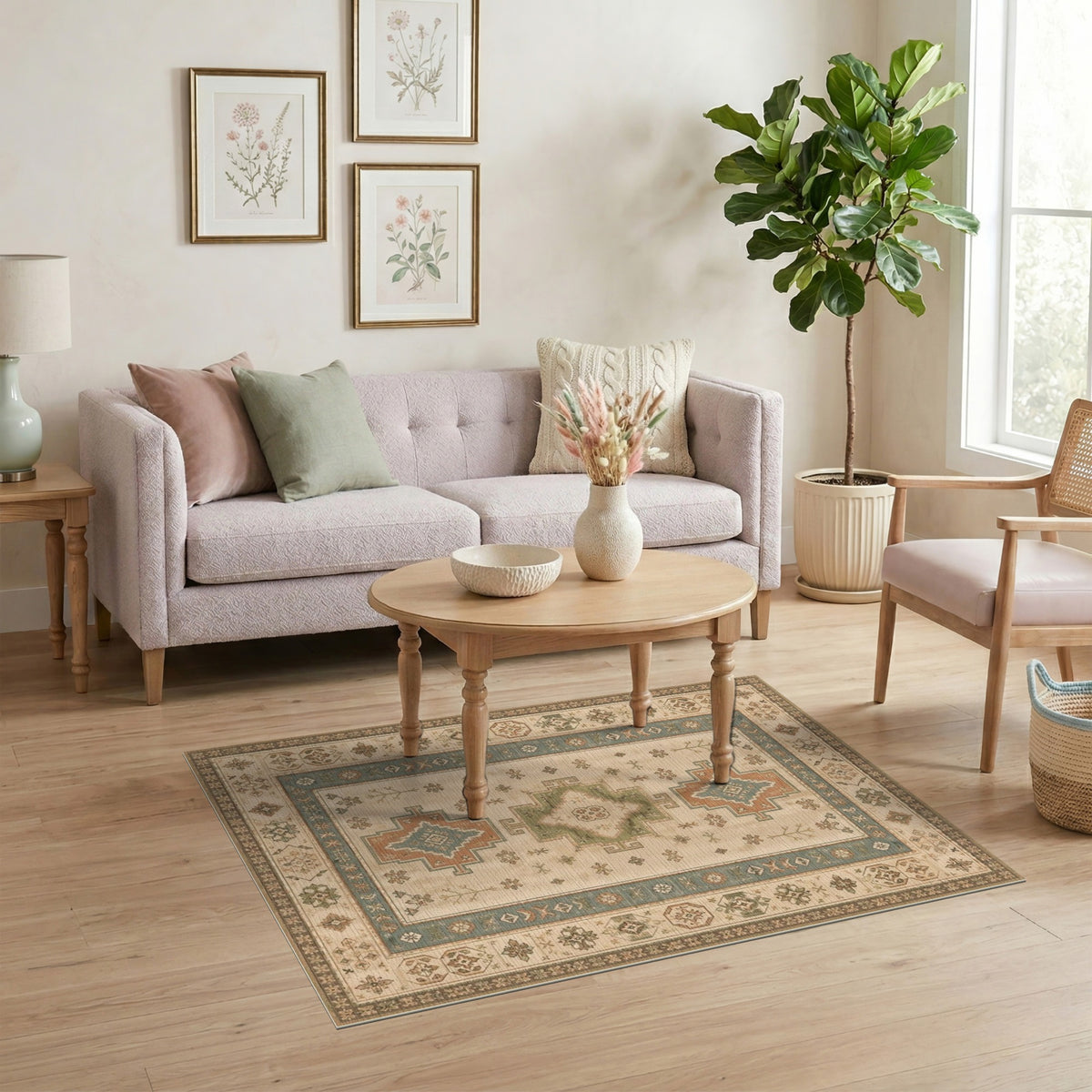 Distressed Vintage Beige Geometric Medallion Area Rug