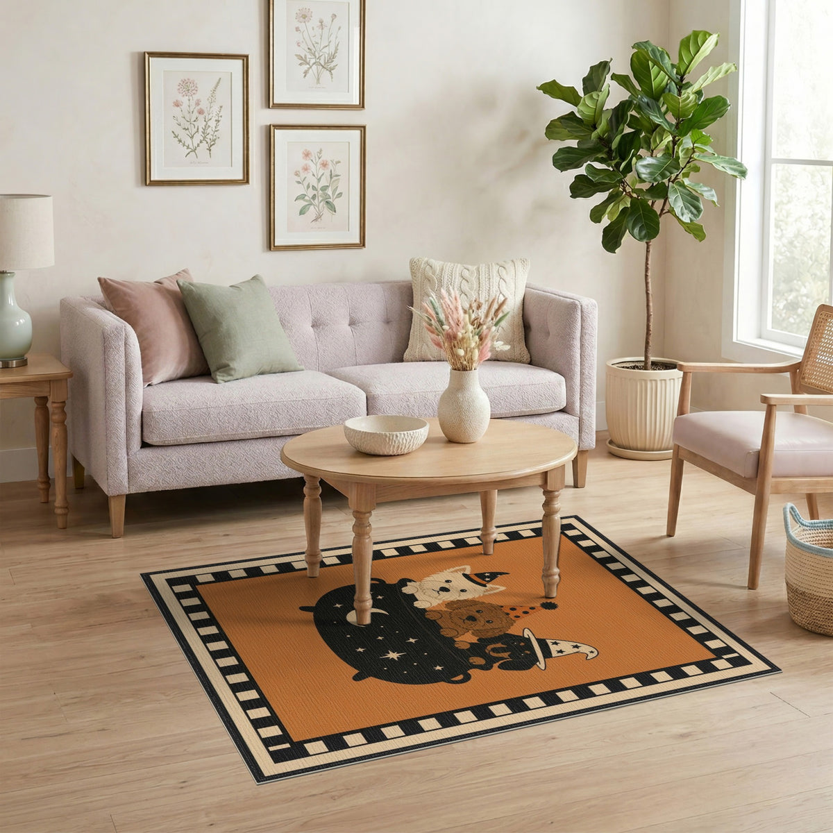 Dogs in Witch Hats Cauldron Halloween Area Rug