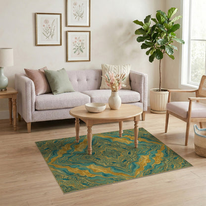 Gold Teal Gold Persian Medallion Area Rug