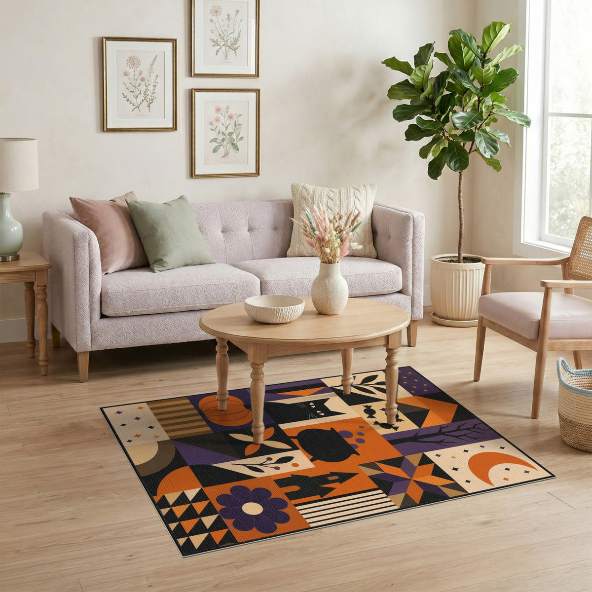 Halloween Geometric Black Cat Area Rug