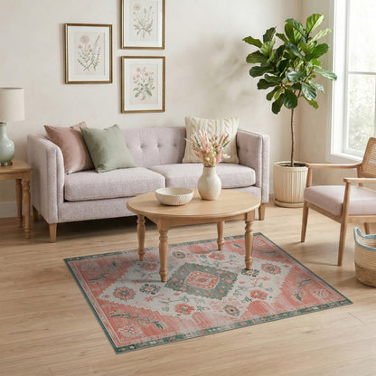 Coral Teal Floral Medallion Area Rug