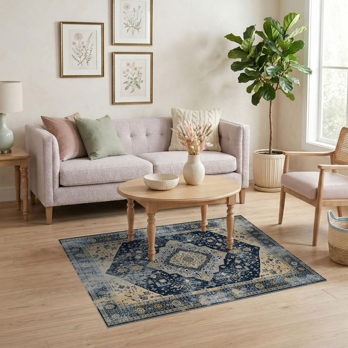 Navy Blue Distressed Vintage Medallion Rug