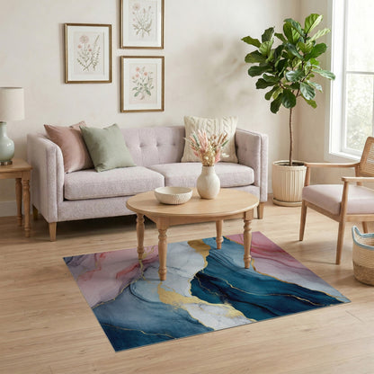 Pink Blue Abstract Marble Washable Area Rug