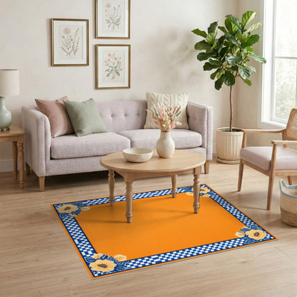 Orange Floral Checkered Area Rug