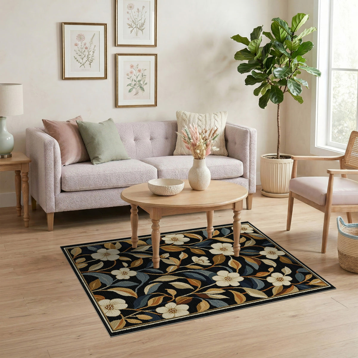Vintage Floral Black Area Rug with Cream Blooms