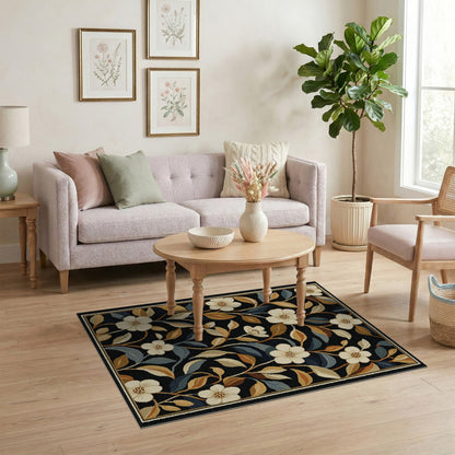 Vintage Floral Black Area Rug with Cream Blooms