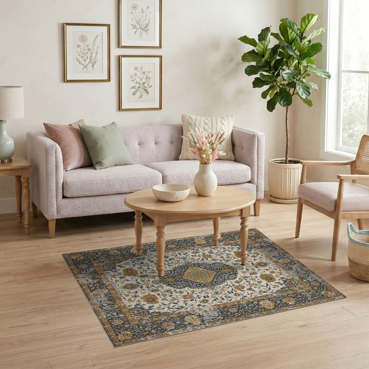 ODIKA Navy Persian Floral Medallion Area Rug