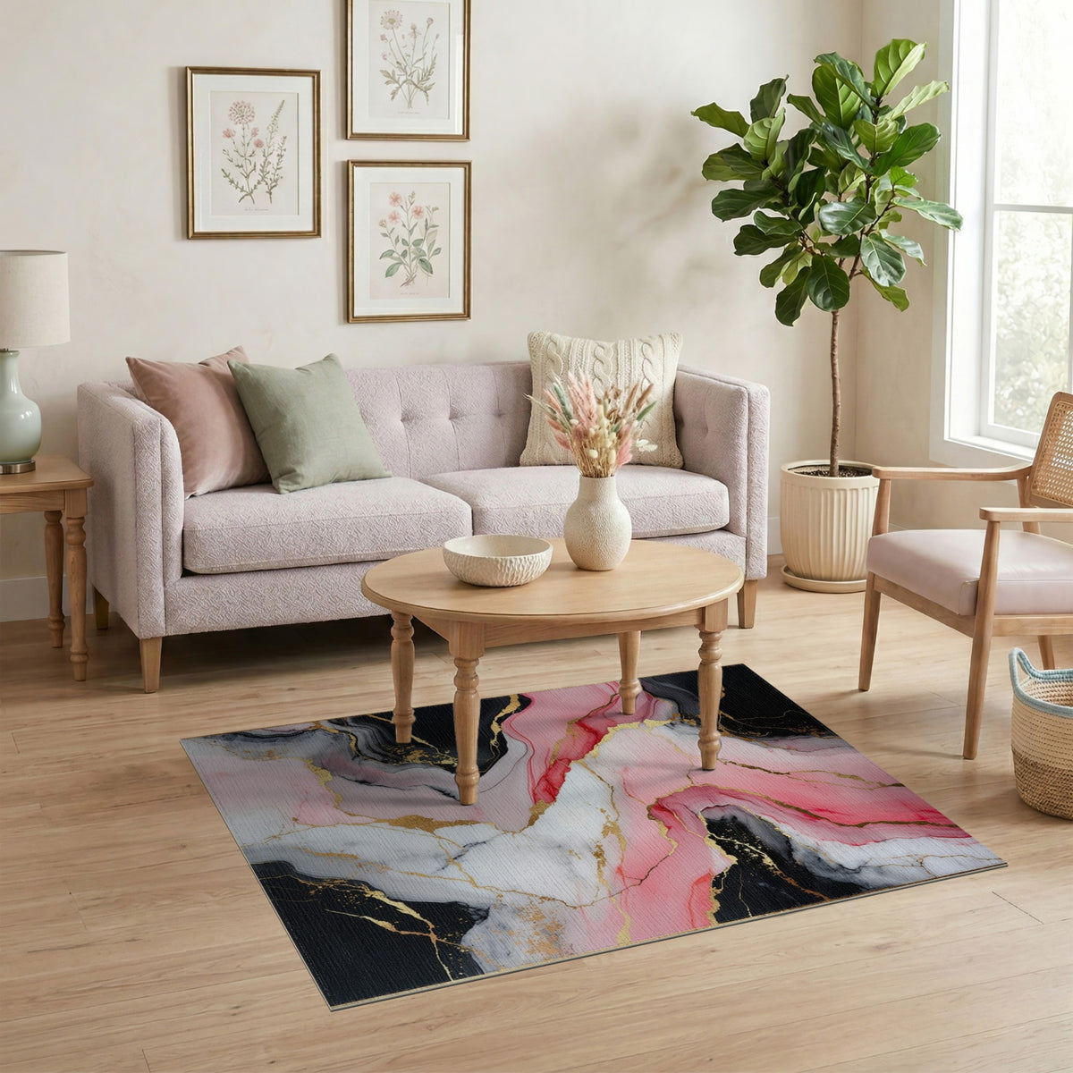 Pink Black Abstract Marble Area Rug with Gold Accents