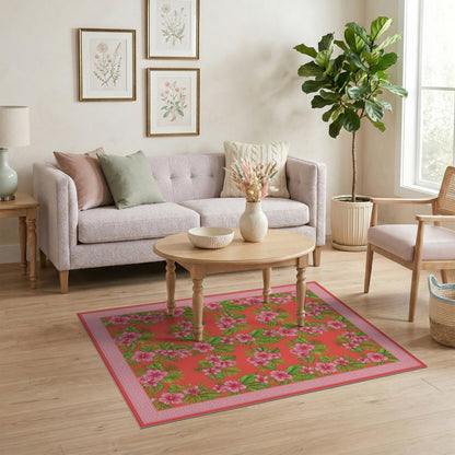 Red Pink Hibiscus Floral Vintage Area Rug