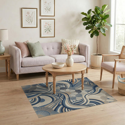 Blue Teal Abstract Wave Floral Area Rug