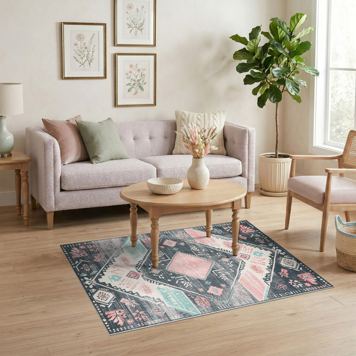 Grey Pink Tribal Area Rug