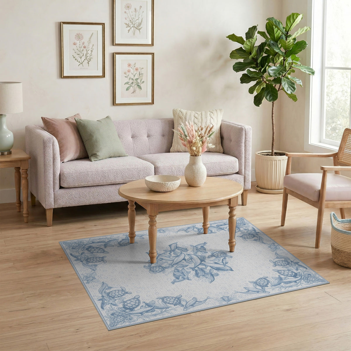 Blue Ocean Marine Life Washable Area Rug