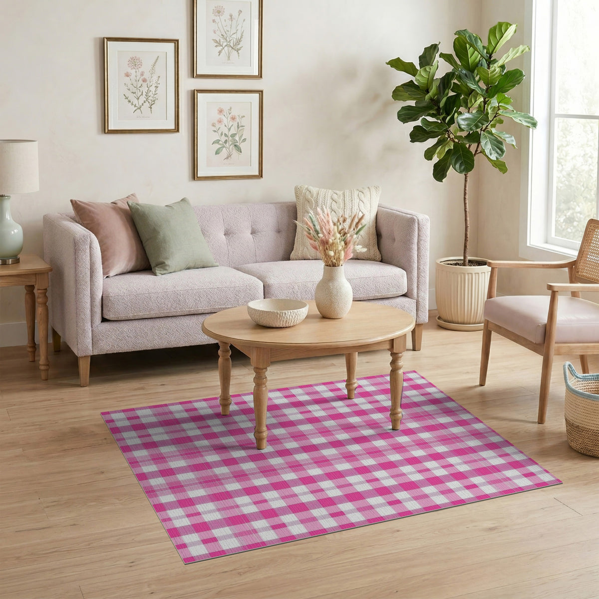Pink Rustic Farmhouse Pink Gingham Check Washable Area Rug