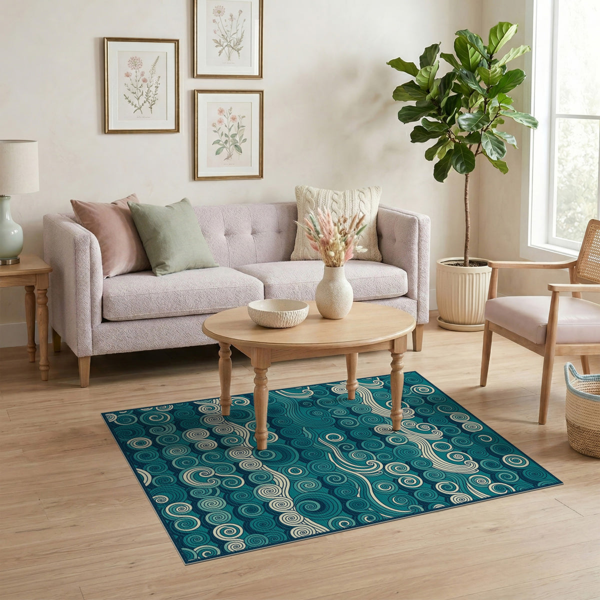 Blue Teal Swirling Waves Area Rug