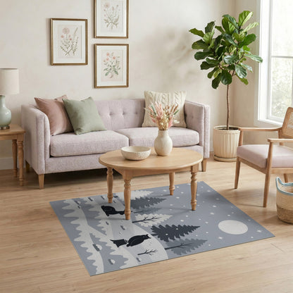 Black White Winter Owl Rabbit Area Rug